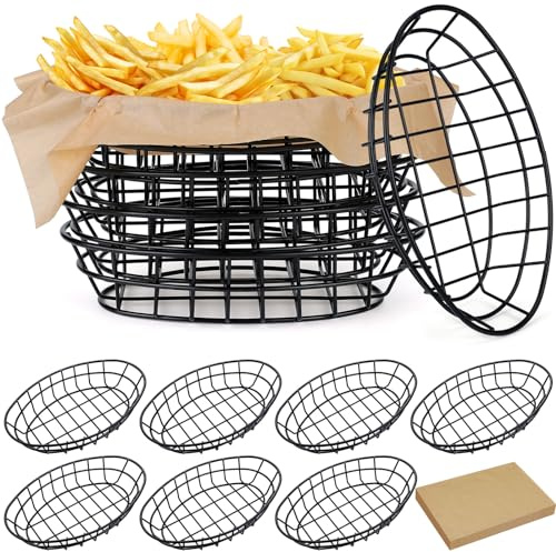 Hushee 12 Pcs Wire Bread Basket Bulk 9.5x6.2x2.2 Inch Oval Metal Dinner Roll Baskets for table Serving Fruit Bowl with 50 Deli Wrapper Paper for Restaurant Kitchen Fast Food