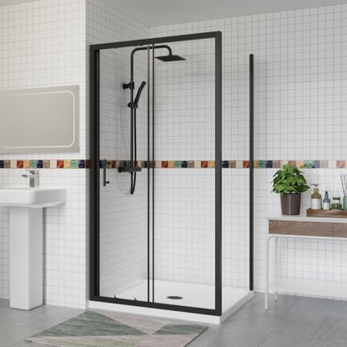 Aquariss 1000x700mm Sliding Shower Enclosure with Side Panel Black | Quick Assemble, Aluminum Profile, 6mm Tempered Glass, Easy Clean, 20mm Wall Adjustable, Reversible, Durable, Seal Strips