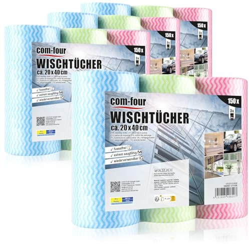 COM-FOUR® 600x Putztücher auf Rolle - Reinigungstücher für Küche, Bad und Haushalt - Mehrzweck-Lappen in 3 Farben - Wischtücher (600 Blatt - 20x40cm)