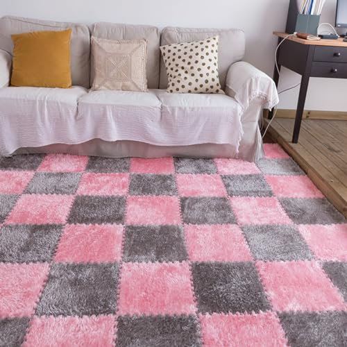 20-teilige Plüsch-Spleißschaum-Bodenmatte,12X12 Quadrate Ineinandergreifende Spiel-Puzzlematte,Flauschiger Shaggy Kletterteppich Für Wohn-/Schlafzimmer(Color:grau+rosa)