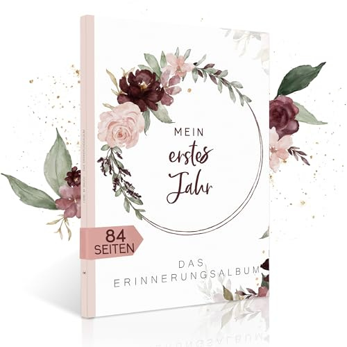 HIMMEL.HERZ.PAPIER® Mein erstes Jahr Babyalbum - Erinnerungsbuch Baby Tagebuch - Din A4 - Geschenk für Mädchen & Jungen zur Geburt Fotoalbum- Mein erstes Jahr Bordeaux