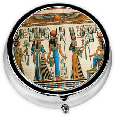 Kompakte runde Mini-Pillendose mit Frauen im alten Ägypten – Allover-Druck-Design, metallisch galvanisiertes Eisenmaterial – ein praktischer Organizer für Ihre täglichen Medikamentenbedürfnisse