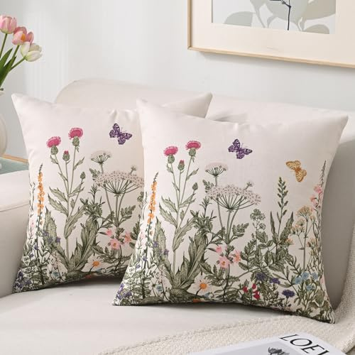 Federe Cuscini per Divano 40 x 40 cm Impermeabile da Esterno Copricuscini Lino Fiori Selvatici Set di 2 Fodere Cuscino Quadrate con Piante Verdi per Giardino Soggiorno Patio Primavera Estate