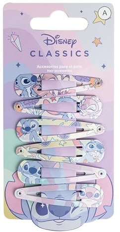 Disney Lot de 6 barrettes à cheveux en métal antidérapantes avec impression Stitch pour filles - 5,1 cm
