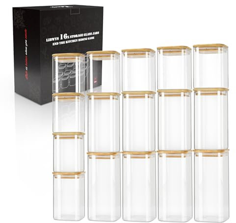 LIBWYS 16er Set Vorratsgläser mit Bamboos Deckel Eckig Vorratsdose Glas - in 2 Größen: 1000 ml; 600ml