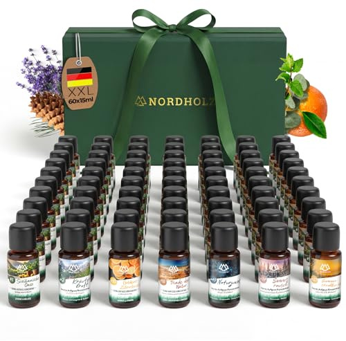 NORDHOLZ® Saunaaufguss XXL Discovery Box 60x15ml [#1 - #60] Sauna Aufgussmittel Probierbox - Sauna Aufguss aus Franken - Sauna Zubehör