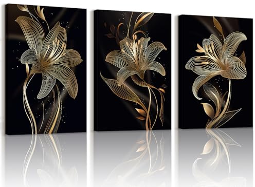 WENGTIAO 3Pcs Schwarz Gold Lilien Blumen Leinwand Bilder Kunstdrucke | Gerahmtes Bild Aesthetic Goldene Geblümt Malerei Wandbilder auf Leinwand Wohnzimmer Schlafzimmer Wanddeko 30x40cmx3