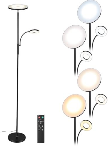 Lunartec Deckenfluter: LED-Stehlampe mit Leselampe, Fernbedienung, 2.800 lm, dimmbar, schwarz (LED Stehlampe Wohnzimmer, Stehleselampe, Deckenleuchte)