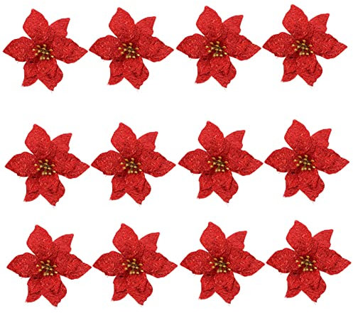 BUGUUYO Weihnachtsblumen Dekoration Kunstblumen Kunststoff 12 Stück Rote Weihnachtsbaum Dekoration Party Und Wohnraumaccessoire