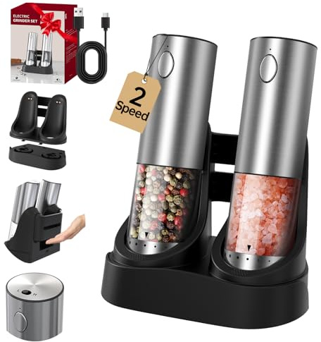 CIRCLE JOY Upgraded Electric Salt and Pepper Grinder Set 2-Speeds Rechargeable Stainless Steel Pepper Mills with Charging Base, White LED Light and External Adjustable Coarseness, Silver