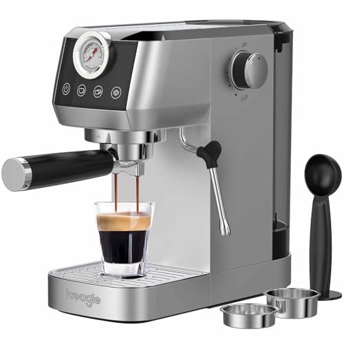 iceagle Cafetera Espresso 20 Bares Bomba Italiana - 1350W Máquina de Capuchino | Máquina de Café Manual con Espumador de Leche, Varilla de Vapor 10MM, Pantalla Táctil con Manómetro, 1.3L