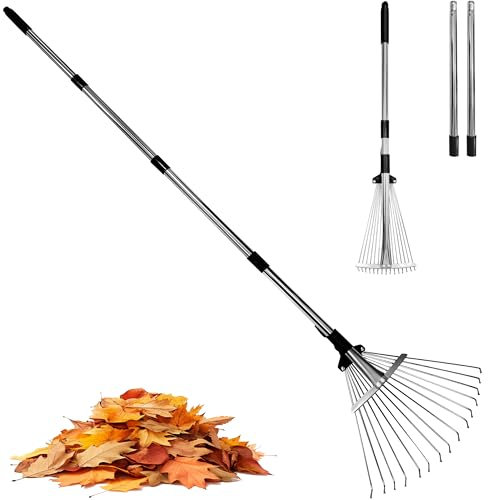 Garden Rake for Leaves,Heavy Duty Metal Adjustable Leaf Rake for Lawns,Long Handle 85-175cm with Expandable Head 20-40cm,Garden Tools for Yard Lawn Shrub Garden Beds