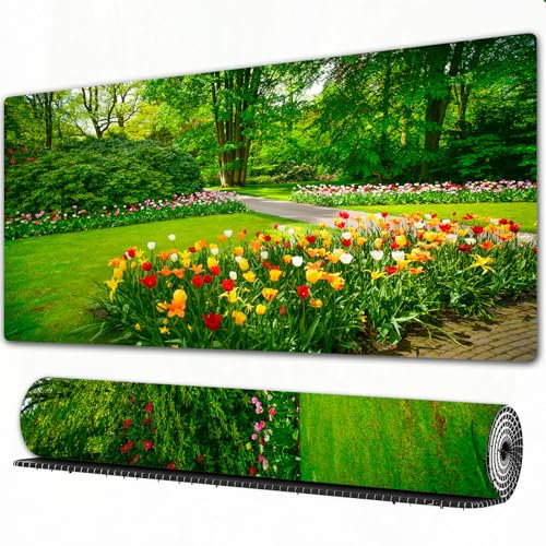 FEHWI Mauspad 90×40 cm Verlängertes großes Mauspad Schreibtischauflage,Natur, Blume, Landhaus, Garten mit Tulpen und Bäumen Frühling in Keukenhof,genähte Kanten Gaming Mauspad,rutschfeste Gummibasis