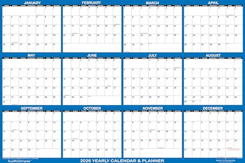 36 x 54 SwiftGlimpse 2026 Wall Calendar Erasable Large Wet & Dry Erase Laminated 12 Month Annual Yearly Wall Planner, Horizontal, Navy