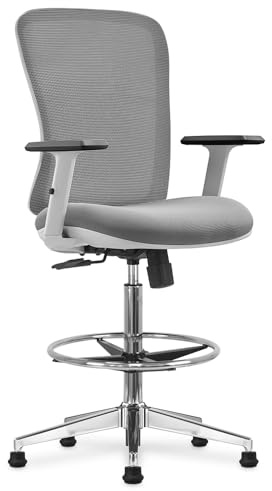 Fauteuil Haut de Bureau, Réglable en hauteur 64-88 cm avec repose-pieds, Accoudoirs réglables et Roulettes ou Pieds fixes, pour bureau haut, table à dessin, table haute, caisse, comptoir, Gris clair