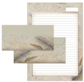 Briefpapier-Set graue Federn mit goldener EleganzA4, 25 Blatt + 15 Umschläge DIN Lang – Edler Briefblock mit Umschlägen – Stilvoll & Elegant – Geschenkidee für Erwachsene