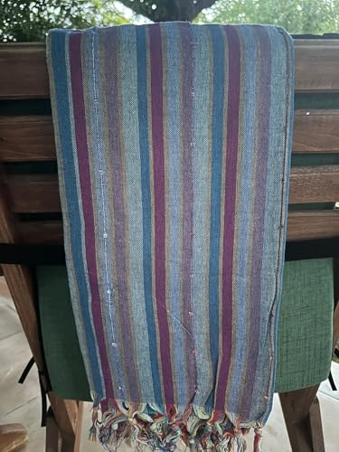 Turkish Cotton Hammam Peshtemal Towel, Multicolor Striped, Handwoven with Pom-Poms, Lightweight Quick-Dry, for Bath Beach Home (blue)