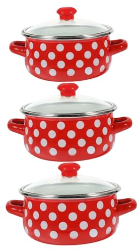 UTHCLO Enamel Mini Stockpot Set 3pcs with Lid, Red Base White Dot Non Stick Saucepan Double Handle, Small Cooking Pots for Home Kitchen, Suitable for Soup and Hotpot, Sizes 12-14-16cm