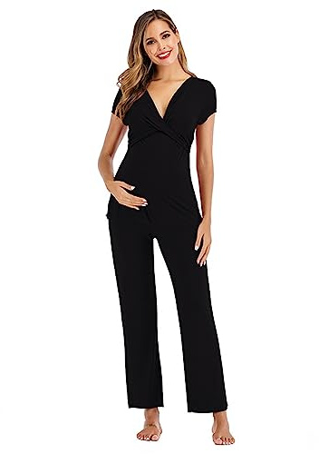 Celanisai Ensemble pyjama pour femme - Ensemble pyjama de grossesse - En modal - Manches courtes et pantalon de détente - Confortable et doux - En soie - Doux et confortable, O Noir., S