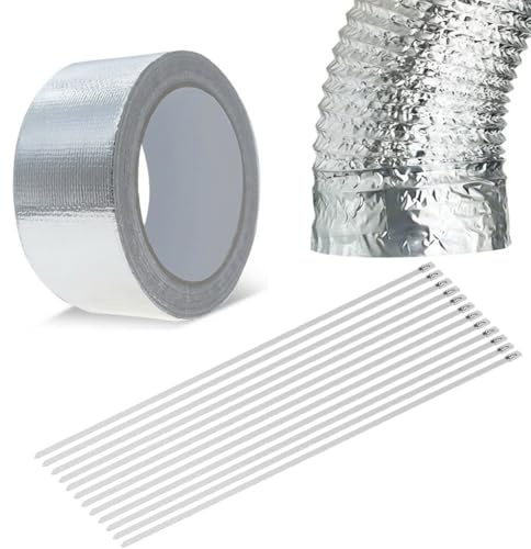 JNEYVIC Glasfaser-Aluminium-Klebeband Hitzeschutzband Auspuff 5cm x 10m | Auspuffband Krümmerband Auspuff Dichtband Hitzebeständig Auspuffbandage Silber Thermoband Auspuff mit 20 Kabelbinder für Auto