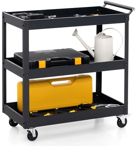 GOPLUS Carrito de Utilidad de 3 Niveles, Carro de Herramientas Organizador con 4 Ruedas Universales y Mango Lateral Toallero, Carrito de Servicio Rodante para Garaje, Baño, Almacén, Negro (Negro)
