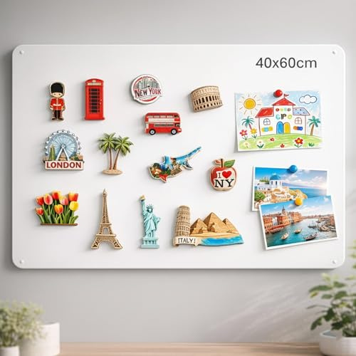 Qiytecno Magnetwand Weiß Groß für Reisemagnete: Familienreisen festhalten | Metall Magnettafel nicht beschreibbar mit matter Pulverbeschichtung – 40 × 60 cm mit starkem Halt im Wohnzimmer & Homeoffice