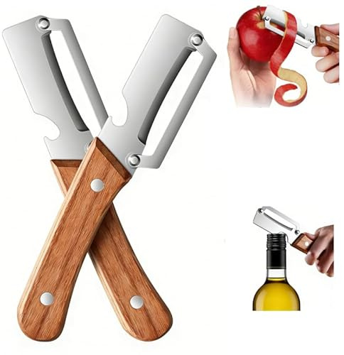 Éplucheur 2-en-1 en Acier Inoxydable avec Manche en Bois, Économe Professionnel pour Pommes de Terre, Carottes et Pommes, Décapsuleur Intégré Robuste et Design Élégant