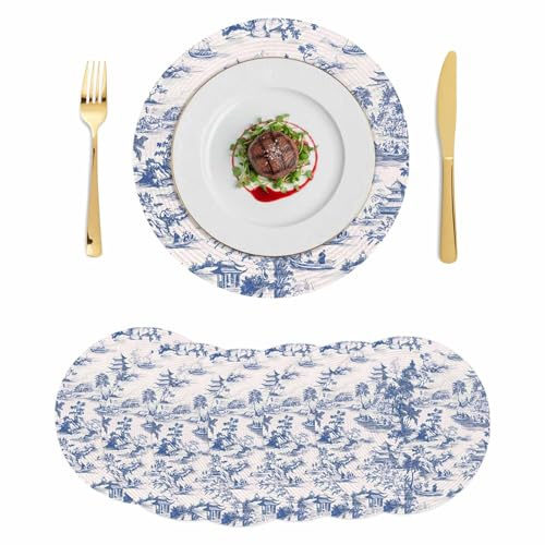 Round Placemats Set of 6 Blue Chinoiserie Garden Pavilion Heat-Proof Table Mats Washable PP Placemat Asian Scenic Hill Boat Plant Non-Slip Place Mats for Home Kitchen Dining Decor,15 Inches