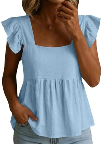 Vetement Femme, Blouse Femme Été en Coton et Lin Haut Uni à Col Carré Manches Courtes Volantées Coupe Ample Froncée Chemisier Décontracté Chic pour Vacances Bureau et Quotidien