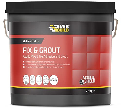 Everbuild 703 Fix And Grout Tile Adhesive – Ready Mixed – Anti-Mould – Water Resistant – High Strength – Brilliant White – 7.5kg | Ready Mixed – Anti-Mould – Water Resistant – High Strength