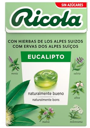 Ricola - Eucalipto, Caramelos Duros Sin Azúcar, 50 g | Menta, 13 Hierbas Suizas, Aceites Esenciales, Refresca, Suaviza la Garganta, con Edulcorantes, Sabor Eucalipto, 50 g