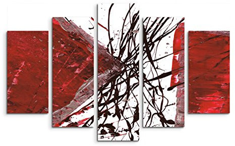 Paul Sinus Art 5 teiliges Wandbild auf Leinwand (Gesamt: H: 100cm B: 160cm) Keilrahmenbild Canvas Fotodruck Leinwandbild Leinwanddruck Kunstdruck Wandbild rot schwarz weiß Striche