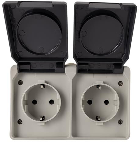 REV AquaBase Prise 2 prises pour pièces humides, 2 broches, protection contre les projections d'eau, IP54, horizontale, montage en saillie, gris