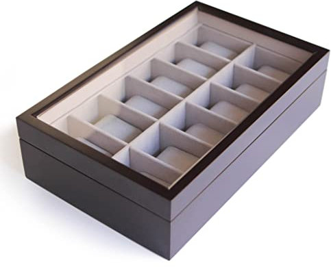 CASE ELEGANCE Uhrenbox aus Massiv Holz - Farbe Espresso - mit Glas-Vitrine für 12 Uhren (Espresso)