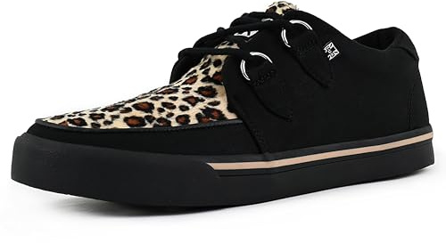 T.U.K. Vegan Creeper Sneaker - Mens and Womens Sneakers - Colour Black Canvas & Leopard Print - Punk, Goth and Rocker Style Leather and Lace Up Shoes - UK Size Men 3 / Women 4
