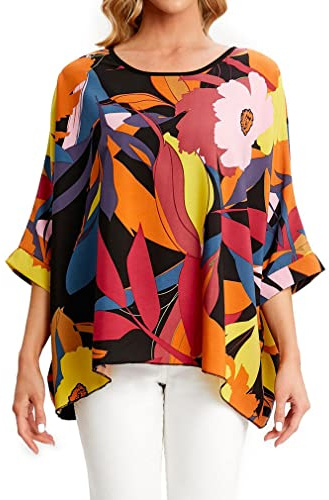 OUKIN Womens Floral Loose Batwing Sleeve Bohemian Sheer Chiffon Oversize Off Shoulder Blouse Tunic Tops (StyleN7)