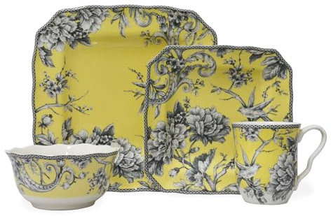 222 Fifth Adelaide 16 Piece Porcelain Dinnerware Set with Square Plates: Service for 4, Yellow