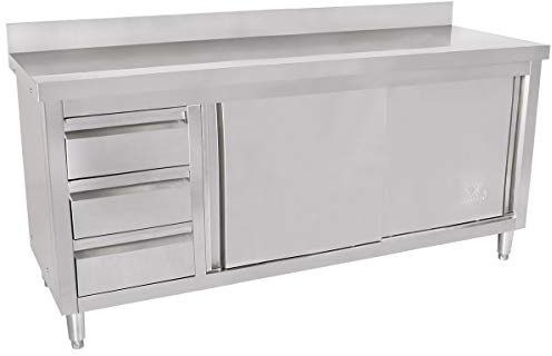 Beeketal 'BAS180-60L' Gastro Edelstahl Küchenschrank mit 3 Schubladen (links), 2 Rolltüren und 4 verstellbaren Standfüßen, Küchen Arbeitsplatte mit 10 cm Aufkantung - (L/B/H) ca. 1800 x 600 x 950 mm