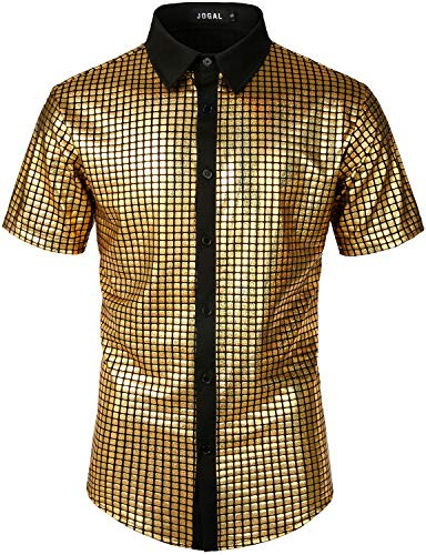 JOGAL Herren Pailletten Kleid Shirt 70er Disco Party Kustüm Large Gold