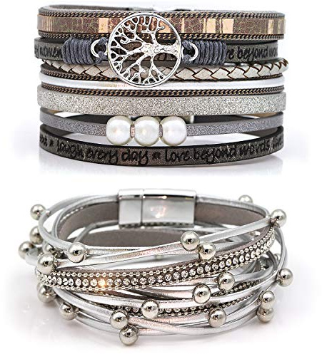 Suyi Multilayer Leather Bracelet Set 2 Pieces Beads Wrap Bracelet Wrist Cuff Bangles with Magnetic Buckle for Women Silver