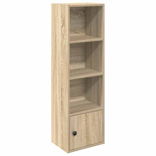 Makastle Bücherregal Klein mit 3 Fächern und 1 Tür, Standregal DVD Regal Aufbewahrungsregal Büroregal Aktenregal für Wohnzimmer Arbeitszimmer Büro, Sonoma-Eiche 31x24x102 cm Holzwerkstoff