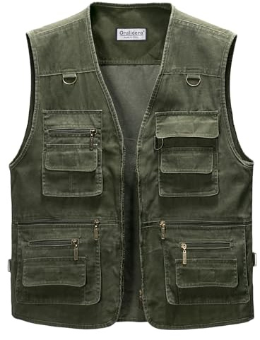 Oralidera Herren Outdoor Weste Freizeit Jacke Leicht Safari mit Reißverschluss Jagd und Angler Fotografie Wandern Anglerweste mit Vielen Taschen