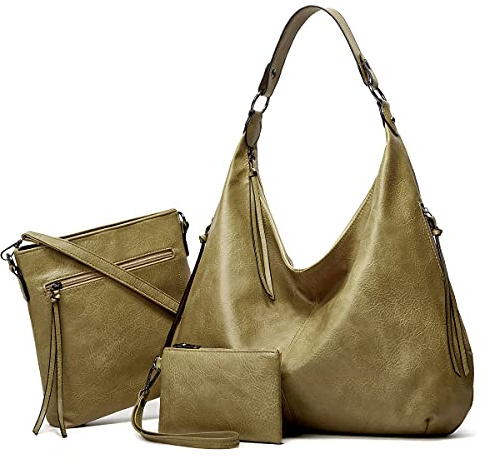 Ashioup Hobo-Taschen für Damen, weiches PU-Leder, lockere Schultertasche, Geldbörse mit Reißverschluss, Grüner dreiteiliger Anzug, Einheitsgröße