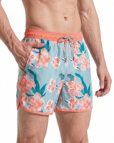 maamgic Costume Uomo Mare Corto Vintage Asciugatura Rapida Costume da Bagno Idrorepellente Pantaloncini Corto Swim Trunks con Fodera Rete e 3 Tasche Fiori Tropicali Rosa M