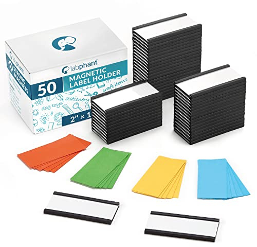 50 PackC Channel Magnetic Label Holders 1x2 with 100 White Card Inserts, 50 Clear Plastic Protectors and Bonus 20 Colorful Cardstock Inserts in Blue, Green, Yellow and Red - Double-Sided Cards