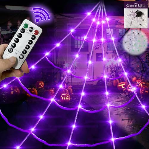 8 Modes 20*17FT Halloween Spider Web 150 Led Purple Lights Light Up Lighted Triangular Giant Battery Operated Waterproof with 200sqft Cobweb and 20 Small Spiders for Indoor and Outdoor Decoration