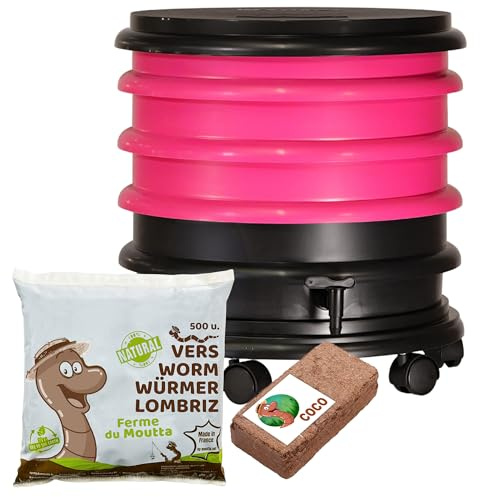 WORMbox | Wurmkomposter Wurmfarm Wurmkiste mit 3 Schalen Fuchsie + 250g Kompostwürmer / 500 STK + 1 Coco | 48 Liter | Regenwurmkomposter, Kompostwürmer produzieren Wurmhumus