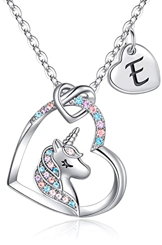 TINGN Regalo para Niñas Collar de Unicornio, Chapado en Oro Blanco de 14 Quilates CZ Corazón Colgante Cadena Inicial Joyería
