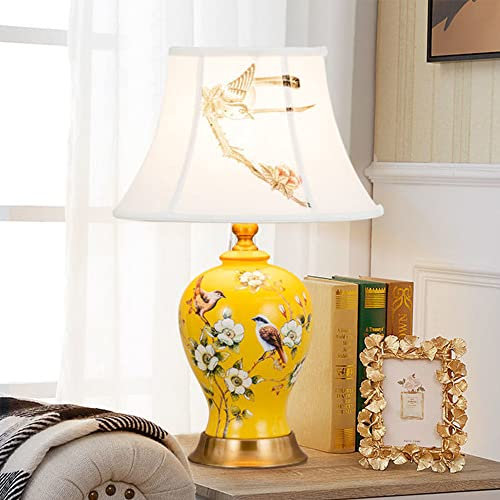 Mengjay Keramik Tischlampe Schlafzimmer Nachttisch Lichtdekoration Schreibtischleuchten,Leichter Körper Tuch Lampenschirm Schlafzimmer Wohnzimmer Tischlampe,Fensterbank lampe Leselampe (Gelb)