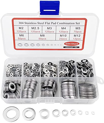 Fousenuk Flache Unterlegscheiben Edelstahl, 684 Stück Beilagscheiben Sortiment, Sicherungsscheiben Türscharnier, mit Sortimentskasten, Insgesamt 9 Verschiedene Größen M2 M2.5 M3 M4 M5 M6 M8 M10 M12